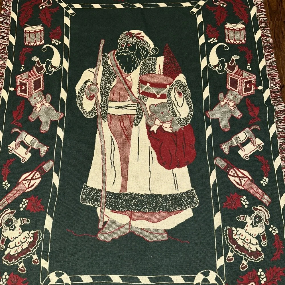 Christmas Holiday Reversible Throw Blanket Woven Tapestry Santa Claus 48x72 VTG